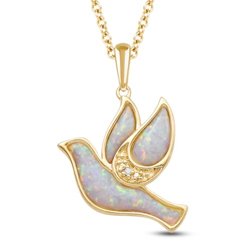 Jewelili Sterling Silver or Yellow Gold Plated Sterling Silver Dove Pendant Necklace for Women | Created Opal & Natural White Round Diamonds | 18