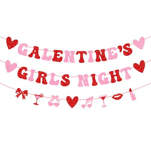 Glittery Galentines Girls Night Banner Happy Galentines Day Garland Banner Valentines Day Heart Decorations for Galentines Day Girls Ladie Anniversary Decorations Supplies
