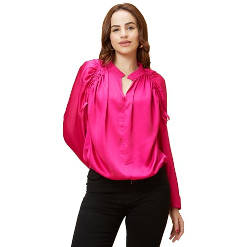 Image of Globus Women Pink V Neck Long Raglan Sleeves Gathered Solid Design Loose Party Top-3640069004