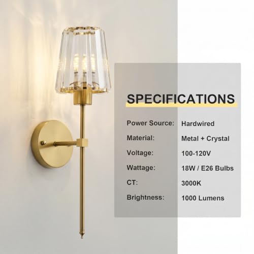 Image of KARTOOSH Hardwired Crystal Wall Sconces Set of 2 | 20.1 Inch Brass Conical Crystal Wall Lights Dimmable 3000K Warm White Wall Lamps for Hallway, Bathroom, Living Room, Bedroom