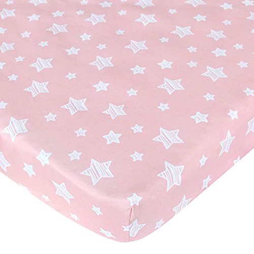 Image of Pack and Play Sheets Girl Compatible with Graco Playard Playpen, 39"x 27"x 5" Mini Crib Sheets, Pink Star Print Pack and Play Fitted Sheets for Mini Crib Bedding