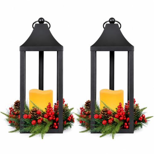 Bdor Black Lanterns with LED Candle – 15.7” Tall Black Metal Lantern with Pinecones, Red Berries & Greenery – Battery Operated Flameless Candle Lantern for Holiday Indoor Decoration