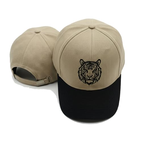 Image of Beige Cotton Baseball Cap with Tiger Embroidery for Men & Women, Adjustable Metal Buckle Strap, Curved Visor Sun Cap for Casual Wear, Travel & Outdoor (Pack of 1)