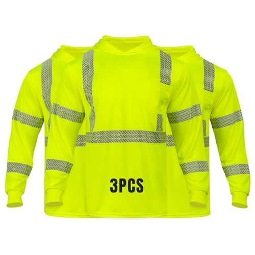 HIS ZEST 3PCS High Visibility Hoodies for Men,Safety Reflective Long Sleeve ANSI Class 3 Hi Vis Construction Work Shirts with Hood,Yellow L