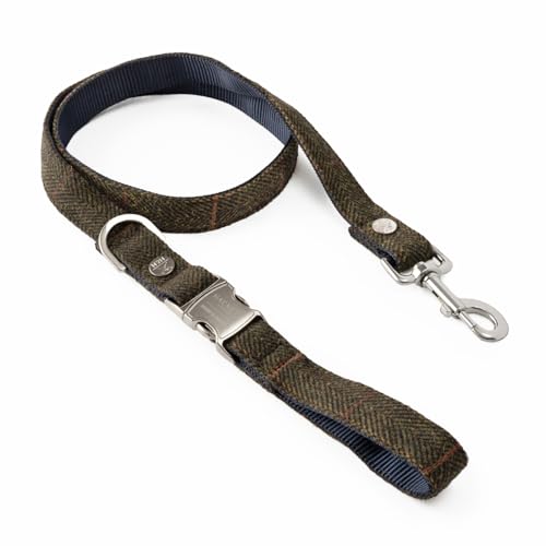 HUGO & HUDSON x Hackett Correa para Perros de Tweed con asa Acolchada Suave, diseño de Espiga a Cuadros Verde Oscuro, 120 x 2,5 cm