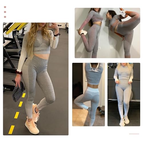 Image of FeelinGirl 2 Piece Workout Sets for Women Long Sleeve Yoga Outfits Seamless Ribbed Crop Top High Waist Leggings