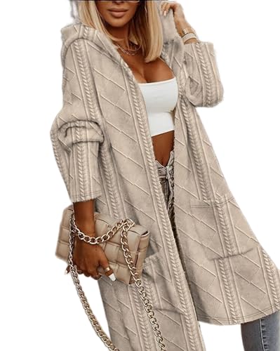 Women's Long Cardigan Cable Sweater Fall Winter Oversized Open Front Hooded Jacket Coat with Pockets Plus Size