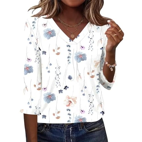AKEWEI 3/4 Length Sleeve Womens Tops V Neck T Shirts Dressy Casual Pleated Spring Fashion 2026 Work Blouses