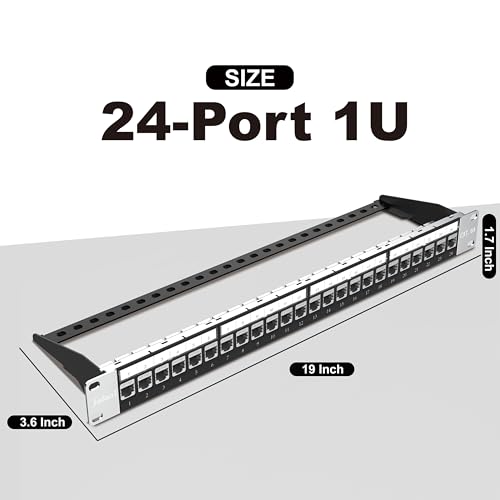 Image of Jadaol 24 Port Shielded Patch Panel Rack or Wall Mount 19-Inch, 1U Cat6A Network Panel Preloaded with 24 Keystone Couplers Plus 1 Spare, 10Gbps Ethernet Panel with Cable Management & Back Support Bar