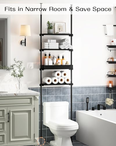 Image of ALLZONE 4-Tier Over The Toilet Storage Shelf, Wood Bathroom Organizer Over Toilet Cabinet with Adjustable Shelf, Versatile Rack Fits Most Tight Space, Easy Assembly, 92 inch to 116 inch Height, Black