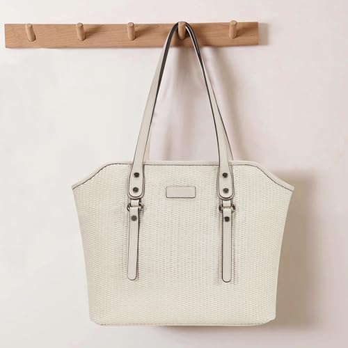 Image of Tote Bag for Women,Large Capacity Straw&Vegan Leather Tote Purses for Women,Shoulder Bags For Daily Travel Work Beach