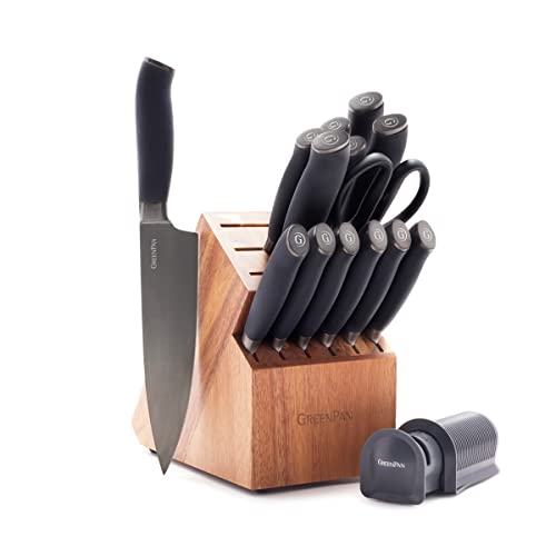 GreenPan 16-Piece Knife Block Set, Professional Stainless Steel Blades with Titanium Coating, Ultra-Sharp Kitchen Cutlery, Chef, Santoku, Bread & Steak Knives, Ergonomic Grip, Slip Resistant, Gray