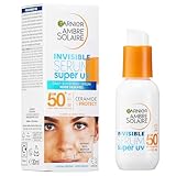 Garnier Ambre Solaire Sun Cream SPF 50+ Super UV Invisible Serum Moisturiser for Face, High Protection Against UVA & UVB, For all Skin Types, With Hyaluronic Acid, Vitamin E & Ceramides, Vegan, 30ml