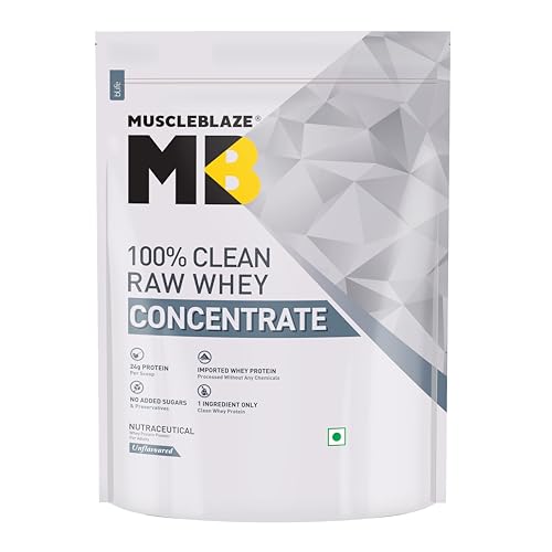 MuscleBlaze 100% Clean Raw Whey Protein Concentrate, Unflavoured (1kg / 2.2lbs) | 24g Protein per Scoop | Easy to Digest