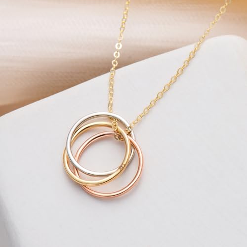 14K Gold Three Circle Necklace for Women 14KT Real Gold Generation Necklace Family Cirlcles Necklaces Tri Color Pendant Birthday Anniversary Christmas Jewelry Gifts for Wife Mom Her Women Daughter3