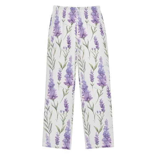 Purple Lavender Flower Long Pajama Pants Elastic Waist PJ Bottoms with Pockets S A1103402