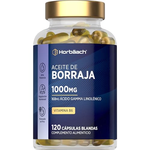Aceite de Borraja Perlas 1000mg | 4 Meses de Suministro - 120 Cápsulas | Prensado en Frío con Vitamina B6 | 168mg GLA | para la piel | Horbaach