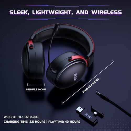 Acer 2.4GHz Wireless Gaming Headsets for PS5, PS4, PC, Switch, Tri-Mode Bluetooth Gaming Headset with Mic, Stereo Sound, 40+Hr Battery, 50mm Drivers - Black - 4
