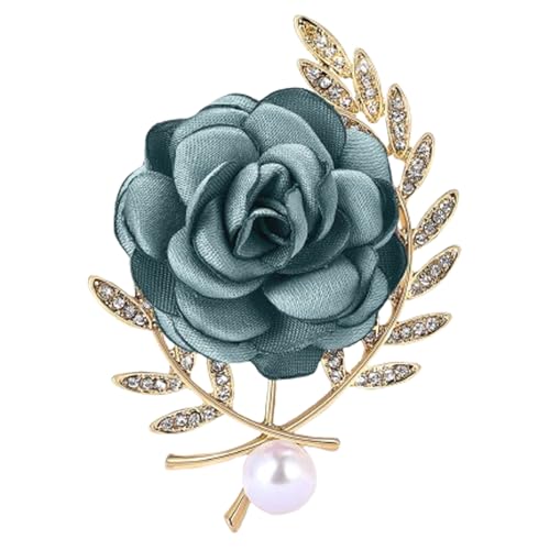 Image of Rose Brooch for Women,Dainty Satin Fabric Flower Lapel Pins Vintage Elegant Pearl Brooches Handmade Crystal Pearl Pins Silk Camellia Safety Collar Pin Dress Suit Accessories Wedding Bridal Bouquet Jewelry (Blue)