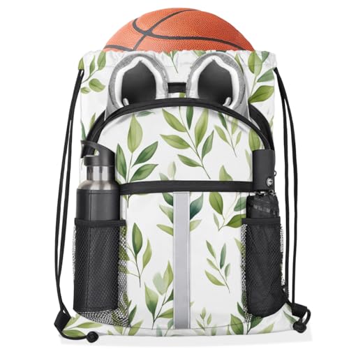Green Sage Leaf Drawstring Backpack Waterproof String Bag Sackpack Plants Cinch Sack for Traveling Gym Sports with Mesh Pockets3