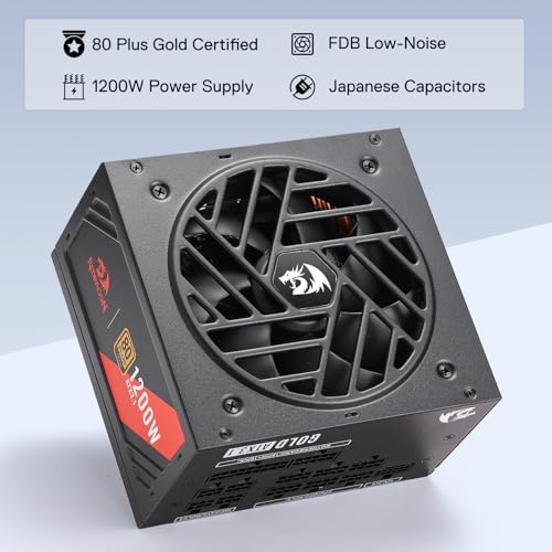 Image of Redragon RGMS-1200W PRO 80+ Gold 1200 Watt Power Supply w /Upgraded ATX 3.1 & PCIe 5.1 Fully Modular, Compact 150mm Size, Smart ECO Low Noise Fan, 100% Japanese Capacitors, Full Mod Cables