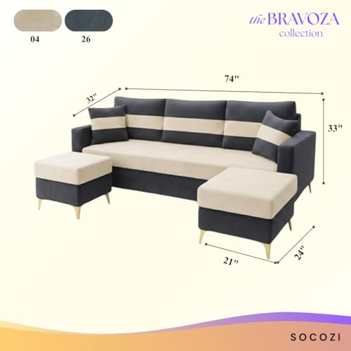 Image of SOCOZI Bastian 5 Seater L Shape Sofa Set with 2 Movable Ottomans | Flexible Layout| Soft Velvet Suede Fabric|Modern Sofa with Golden Legs | Plush Comfort Cushions for Living Room (Cream-Dark Gray)