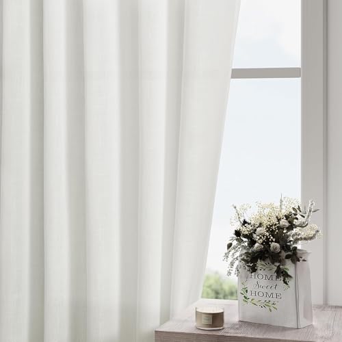 Image of Off White Linen Curtains 96 Inches Long 2 Panels Set Back Tab Rod Pocket Semi Sheer Light Filtering Window Curtain Drapes Neutral Modern Aesthetic Long Curtains for Living Room Bedroom Decor 40x96