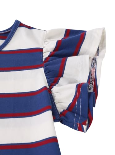 Image of Girls Striped Shirt Flutter Sleeve Top Crewneck Cute Summer T Shirts Casual Tees Blue White 7-8 Years