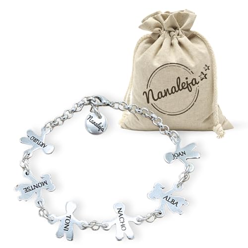 Nanaleja - Pulsera con niños grabados - Pulsera con nombres de niños grabados - Bañado todo en plata - Regalo para mamá - pulsera para las madres (Con 6 niños/as)
