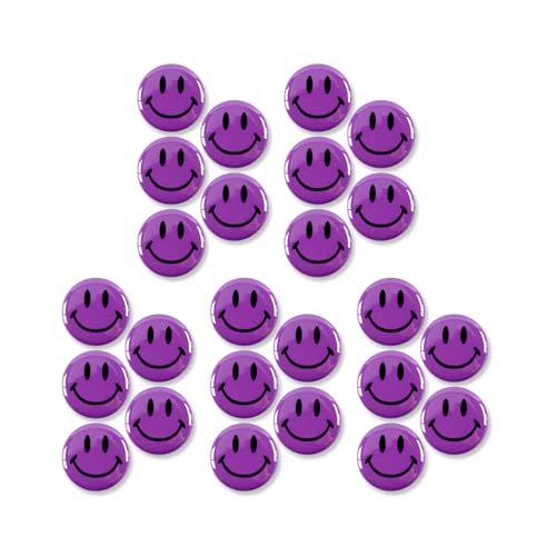 Smiley Face Pinback Buttons - 2.25 Inch – Classic Round Badge, Durable Metal with Secure Pinback, Ideal for Backpacks and Clothing – Emoji Novelty Pins for Parties, Giveaways and Everyday Wear (5, Purple)