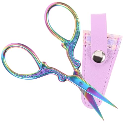 Healvian Tijeras de Bordar Pequeñas con Funda de Piel Morada, Tijeras de Costura para Scrapbooking y Manualidades, Herramienta Portátil para Cortar Tela, Hilo y Papel, Adecuado para Viaje
