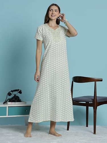 Image of 9shines Label Stylish Chikankari Cotton Nighty Maxi for Women | Full Length Nightgown | Nightdress with Pocket | Embroidery Nighty | Soft Comfortable Cotton Nightwear (1545)