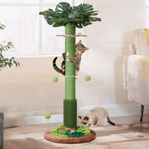 Cat Scratching Post 40 Tall Palm Tree Scratch Post for Cats Sisal Scratching Posts for Indoor Cats Adults with Hanging Cat Toys Self-Grooming Brush Snuffle Mat and Interactive Wooden Ball Track