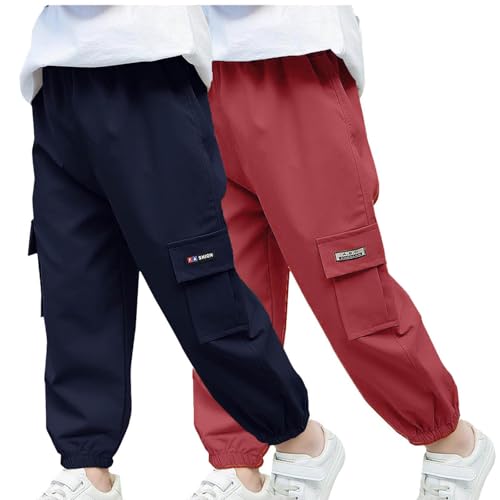 Boys Cargo Joggers Pants 2 Pack Casual Pants Fashion Elastic Waist Pants with Pockets Workout Pant Bottom
