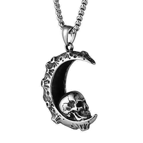 Hzman Mens Women Gothic Retro Moon Crescent Skull Stainless Steel Pendant Necklace 22+2 Inch Chain #TOP2