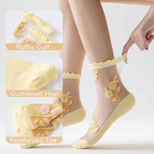 YFUNNLE Womens Sheer Socks, Summer Transparent Thin Mesh Lace See Through Ruffle Stylish Socks4