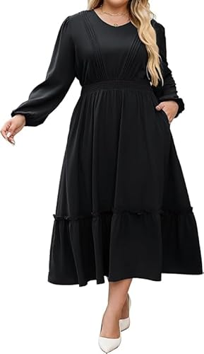 Hanna Nikole Damen Große Größen Lange Kleider V-Ausschnitt Elastische Taille A-Linien Casual Maxikleid Mit Taschen Schwarz 48