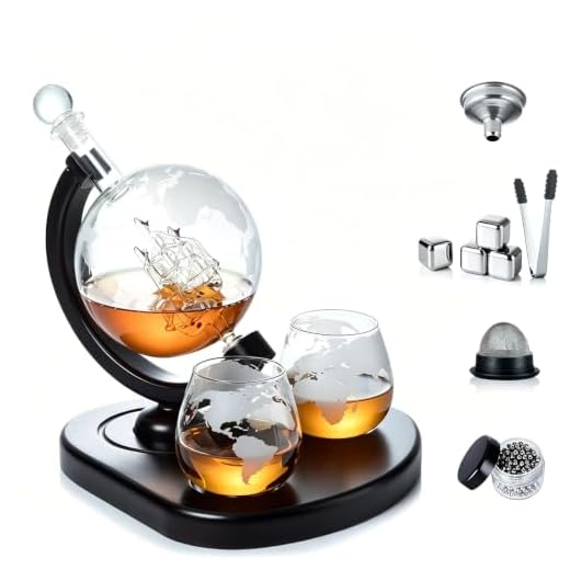 Whiskey Decanter Set,Globe Decanter,Whiskey Gifts for Men Husband Him Boyfriend Dad Women,with 2 Glasses,Beads,4 Ice Cubes,Tong & Funnel,Beverage Drink Dispenser,for Whisky,Liquor,Wine,Brandy,Cognac