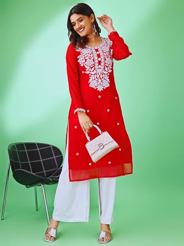 Image of HESVI Women's Georgette White Lakhnavi Chikankari Kurti with Intricate Embroidery Work