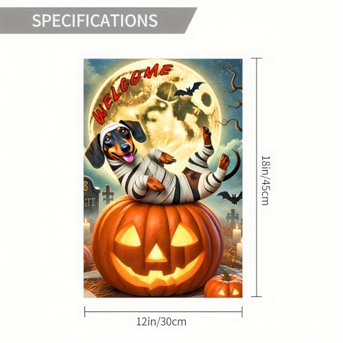Image of Happy Halloween Garden Flags 12x18 Inch Vertical Double Sided Skeleton Dachshund Dog Garden Flag Small Yard Pumpkin Flag for Outdoor Decor Outside Decoration Banner