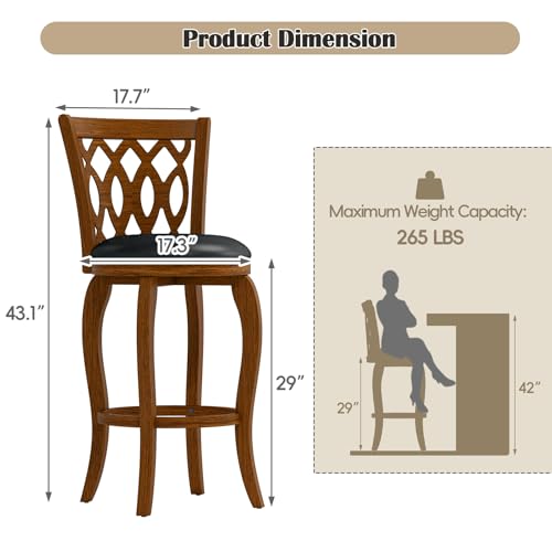 Image of 29 inch Bar Stools Set of 2, Bar Height Swivel for Kitchen Island, Farmhouse Barstool Counter Chair with Back and Footrest, Upholstered Wood Barstools, Brown