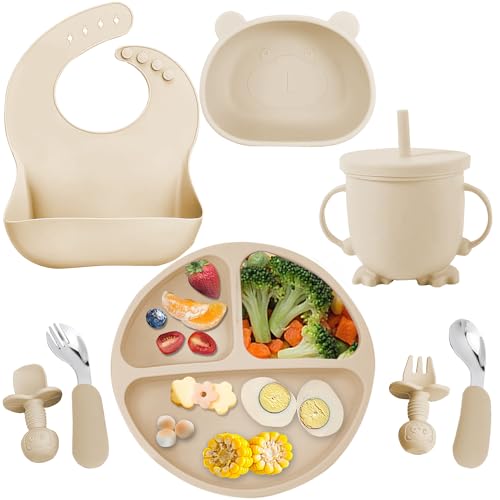 Image of Mrkyy Silicone Baby Feeding Set, Baby Led Weaning Supplies 8 Pack with Suction Plate and Bowl, Self Feeding Spoons Forks Sippy Cup Adjustable Bib, Eating Utensils for 6+ Months - Beige