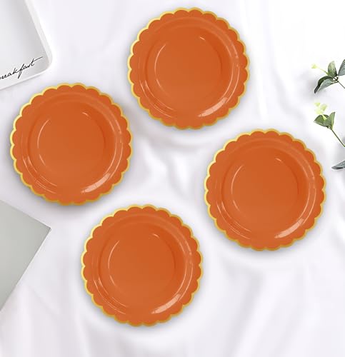 Image of HEIPINIUYE 50 Pieces Orange Paper Plates with Gold Foil 7 Inch Disposable Orange Scalloped Dinner Plates for Wedding Baby Shower Birthday Thanksgiving Party Dessert Plate