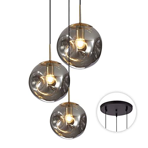 Bokt Modern 3-Light Large Globe Pendant Light Smoke Gray Glass Cluster Pendant Light Black Gold Multi Light Pendant Lighting Industrial Vintage Kitchen Island Ceiling Hanging Light #TOP30