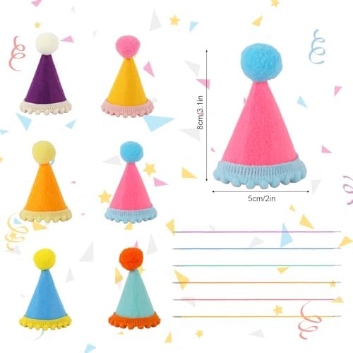 6pcs Mini Party Hats for Stuffed Animals, 3.1x2in Birthday Party Cone Hats with Pompoms for Dogs Cats Birthday Decorations