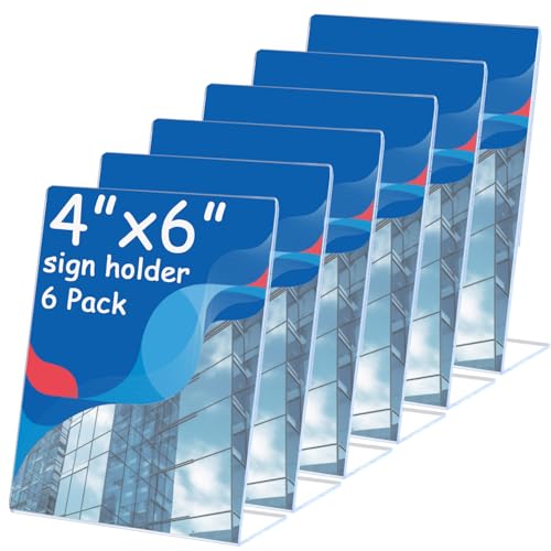 Ayuanb 6 Pcs Acrylic Sign Holder 4 x 6 Inch, Plastic Picture Flyer Holder Vertical Slanted Back L Shape Display Stand Acrylic Picture Frame, Table Signs Holder for Business, Office, Restaurant