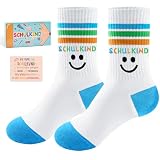 SukModen Schulkind Socken mit Geschenkbox und Mutmachkarte, Einschulung Geschenk für Kinder, Baumwollsocken EU 25-34 für Schule, Alltag und Sportunterricht, Blau Rosa Lila