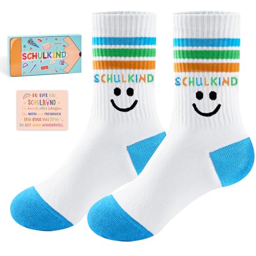SukModen Schulkind Socken mit Geschenkbox und Mutmachkarte Einschulung Geschenk für Kinder Baumwollsocken EU 25-34 für Schule Alltag und Sportunterricht Blau Rosa Lila