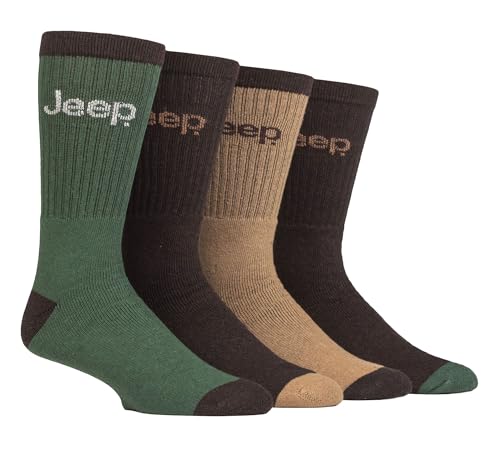 Jeep Calcetines de algodón reciclado para hombre, paquete de 4 calcetines gruesos acolchados (6-11, marrón/verde), Marrón y verde, 6-11