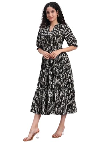 Image of PIDAVLIYA'S Women's Floral Summer Maxi Dress I Cotton Printed I One Piece Bodycon Midi Dress with V-Neck, Puffed Sleeves